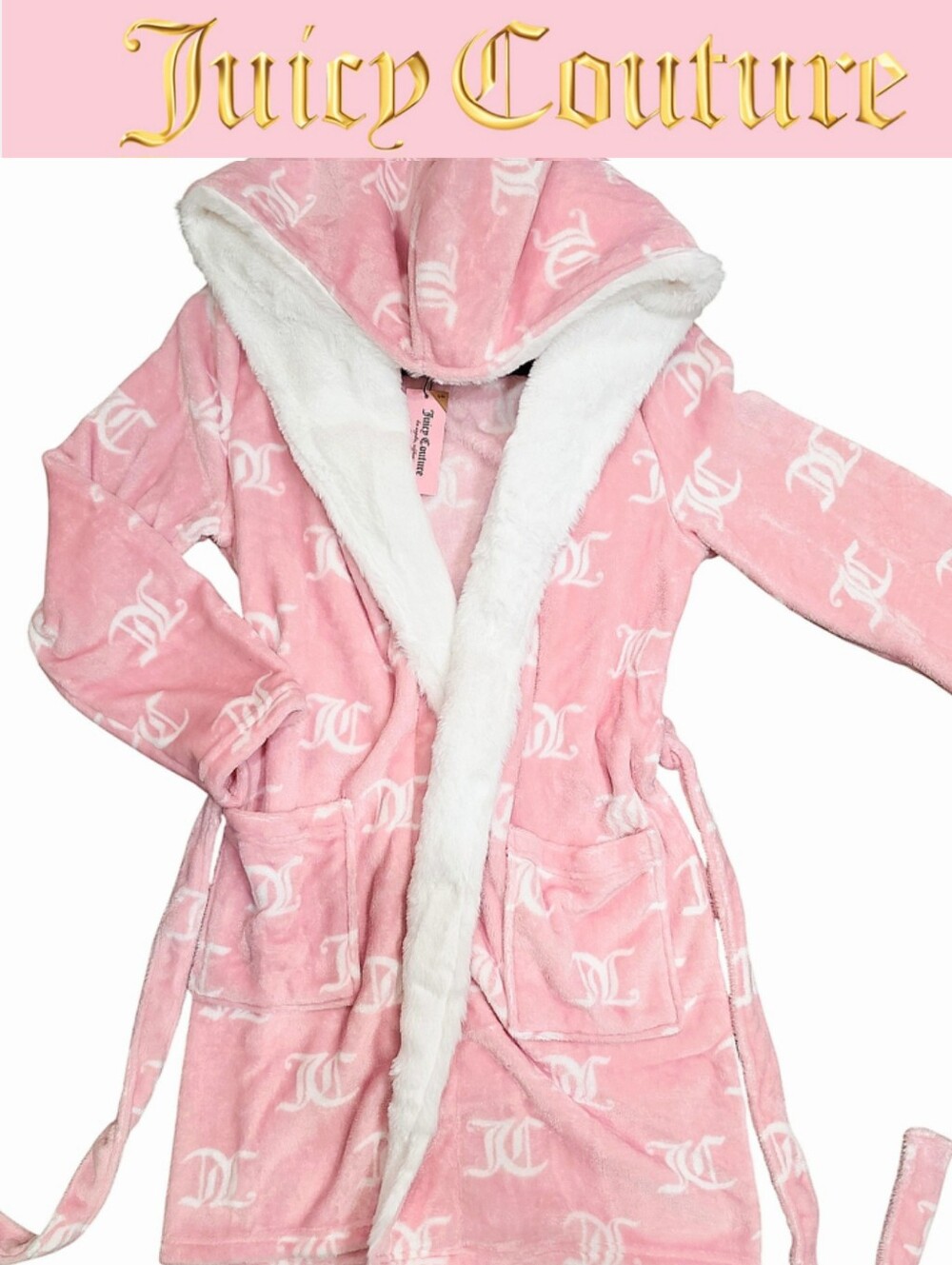 Juicy Couture JC Logo Plush Faux Fur Lined Hooded Collar Robe- Rose